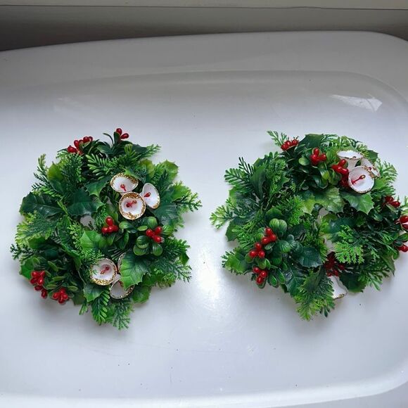 Two vintage Christmas plastic greenery candle wreaths with white bells - Picture 1 of 6